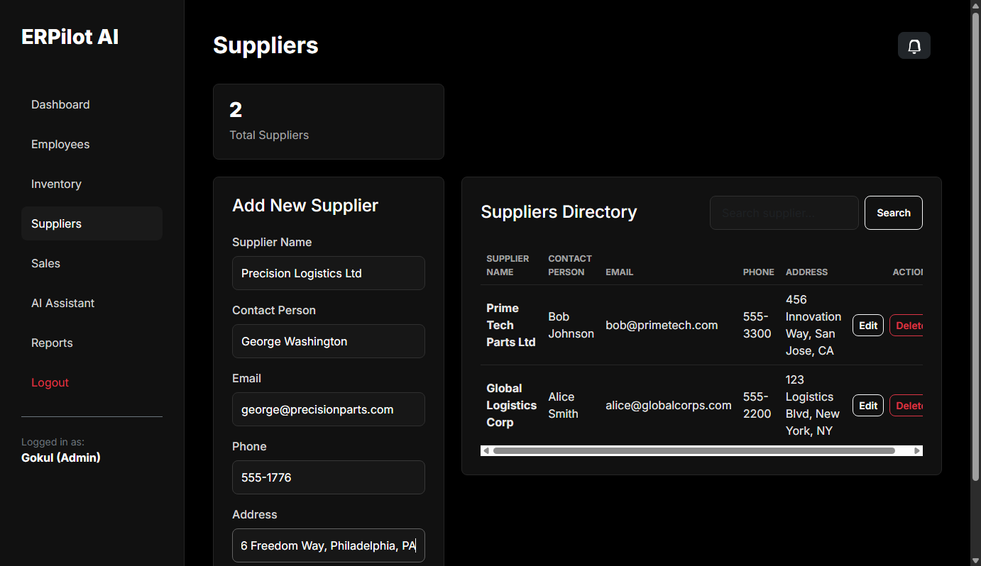 Add Supplier Form Interface